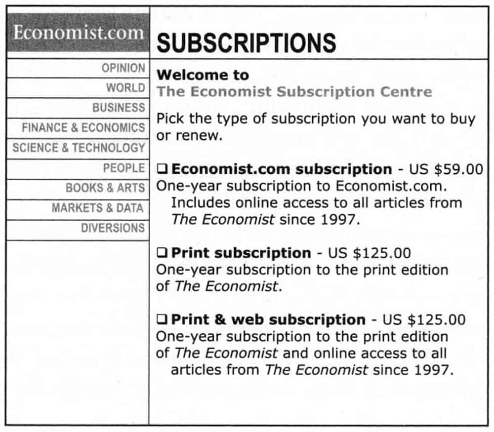 Economist Anzeige mit 3 Optionen mit Lockvogel (c) The Economist/Dan Ariely