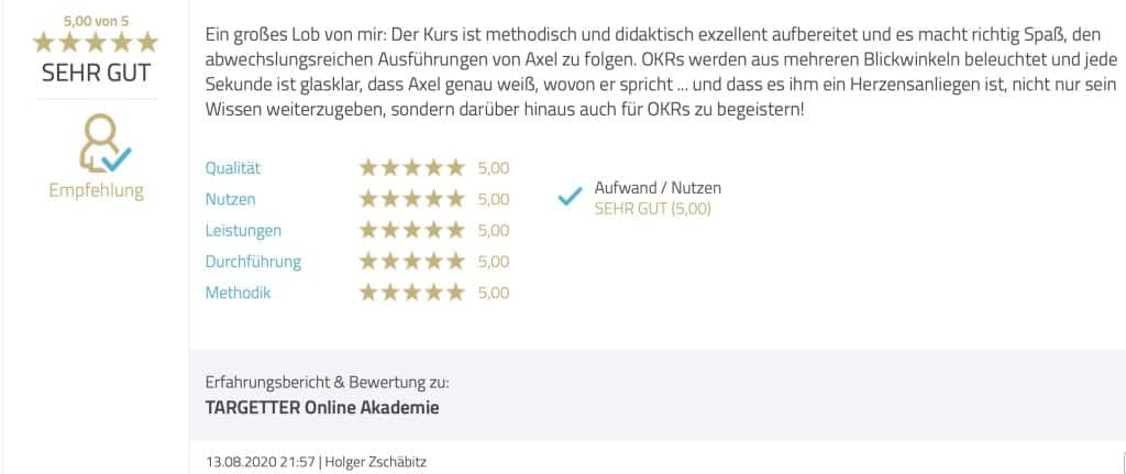 Sehr gute Kursbewertung für OKR-Kurs