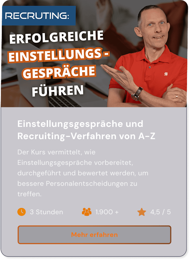 Einstellungsgespräche und Recruiting-Verfahren von A-Z Der Kurs vermittelt, wie Einstellungsgespräche vorbereitet, durchgeführt und bewertet werden, um bessere Personalentscheidungen zu treffen. Dauer: 3 Stunden Teilnehmeranzahl: 1.900+ Sterne: 4,5 von 5 Button: Mehr erfahren