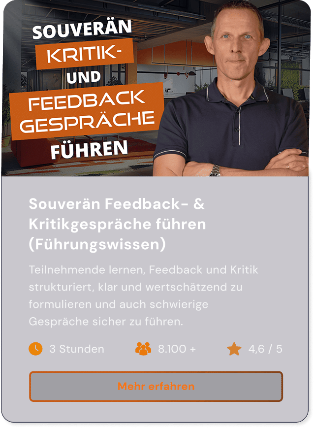 Souverän Feedback- & Kritikgespräche führen (Führungswissen). Teilnehmende lernen, Feedback und Kritik strukturiert, klar und wertschätzend zu formulieren und auch schwierige Gespräche sicher zu führen. Dauer: 3 Stunden Teilnehmeranzahl: 8.100+ Sterne: 4,6 von 5 Button: Mehr erfahren